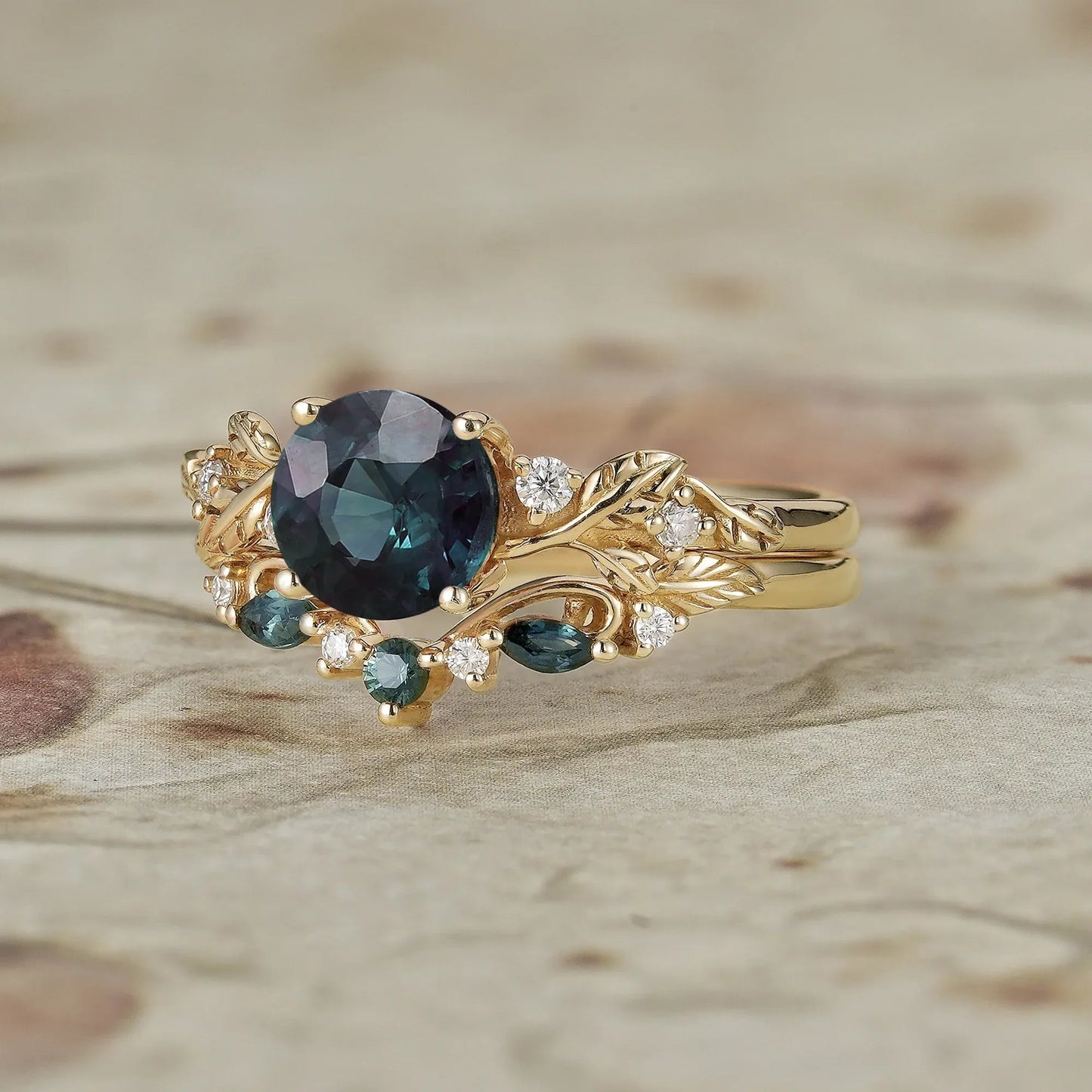 Round Cut Teal Sapphire Ring with Elegant Leaf Motif - Octavia - GemsMagic