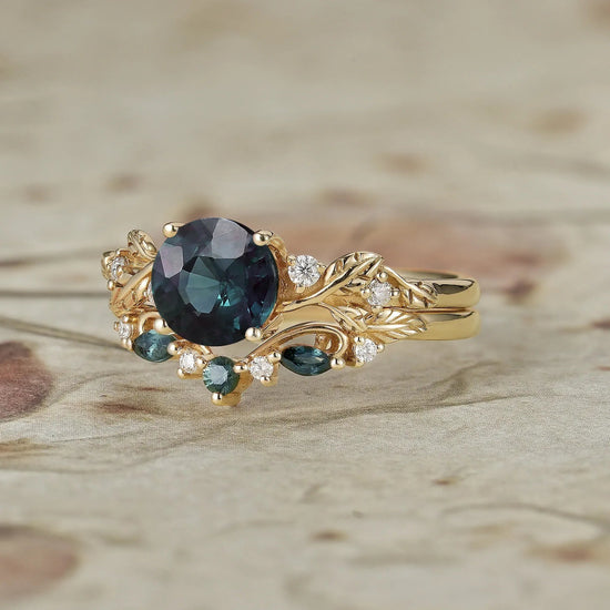 Round Cut Teal Sapphire Ring with Elegant Leaf Motif - Octavia - GemsMagic