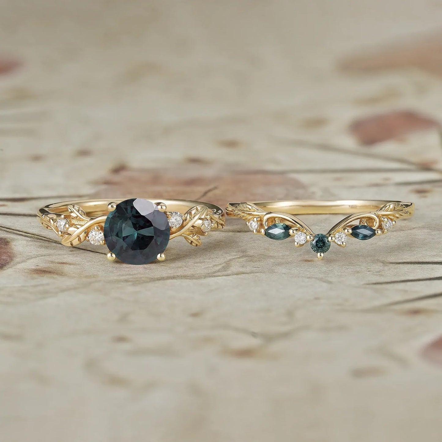 Round Cut Teal Sapphire Ring with Elegant Leaf Motif - Octavia - GemsMagic