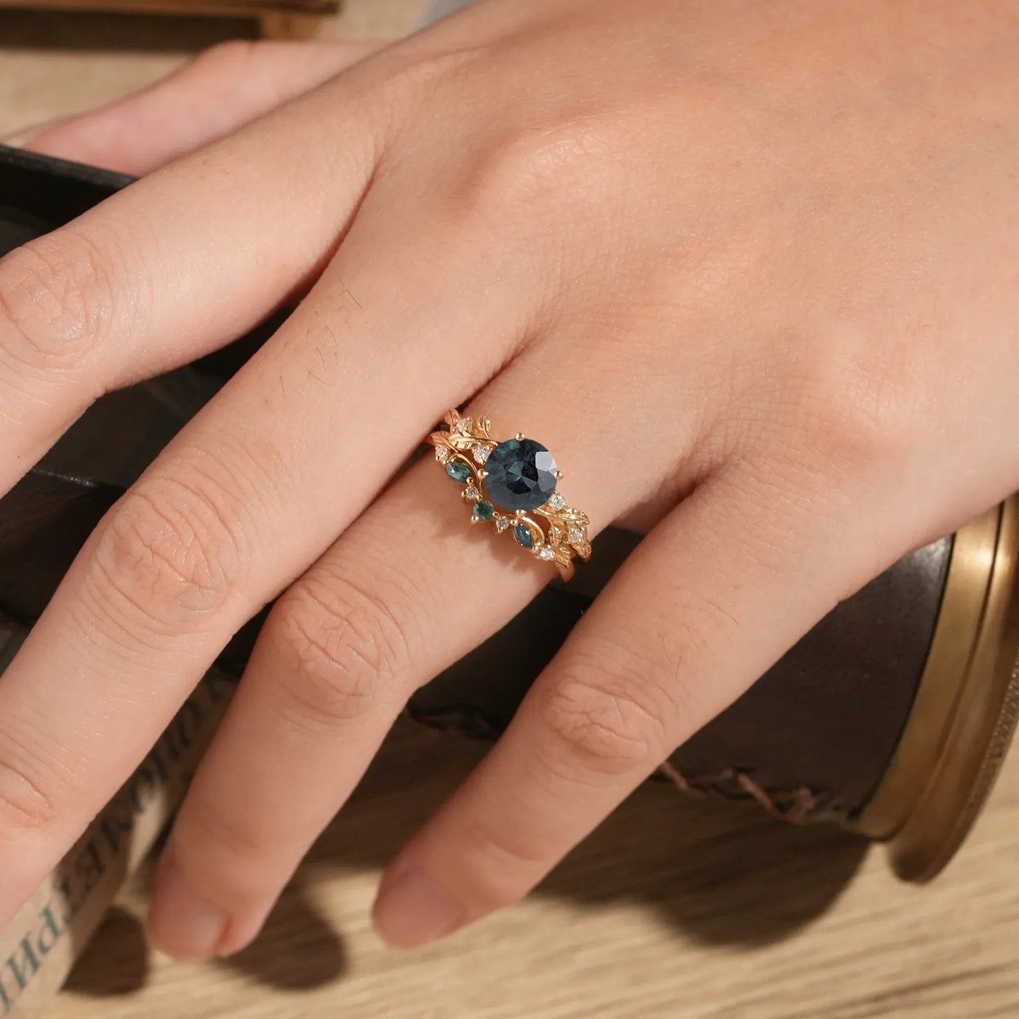 Round Cut Teal Sapphire Ring with Elegant Leaf Motif - Octavia - GemsMagic