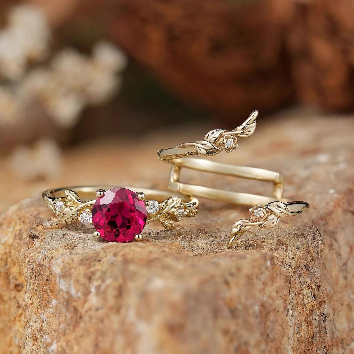 Round Ruby with Moissanite Floral Enhancer Ring Set - Nyx - GemsMagic