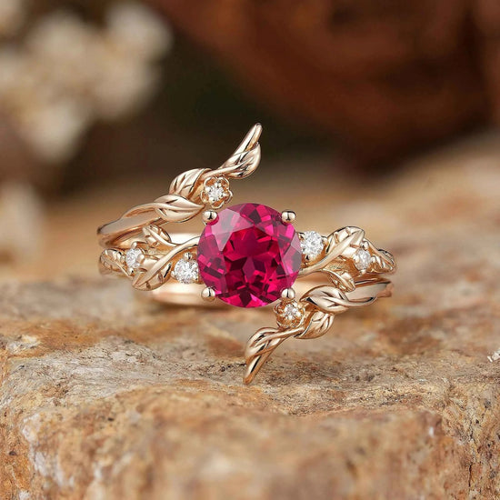 Round Ruby with Moissanite Floral Enhancer Ring Set - Nyx - GemsMagic