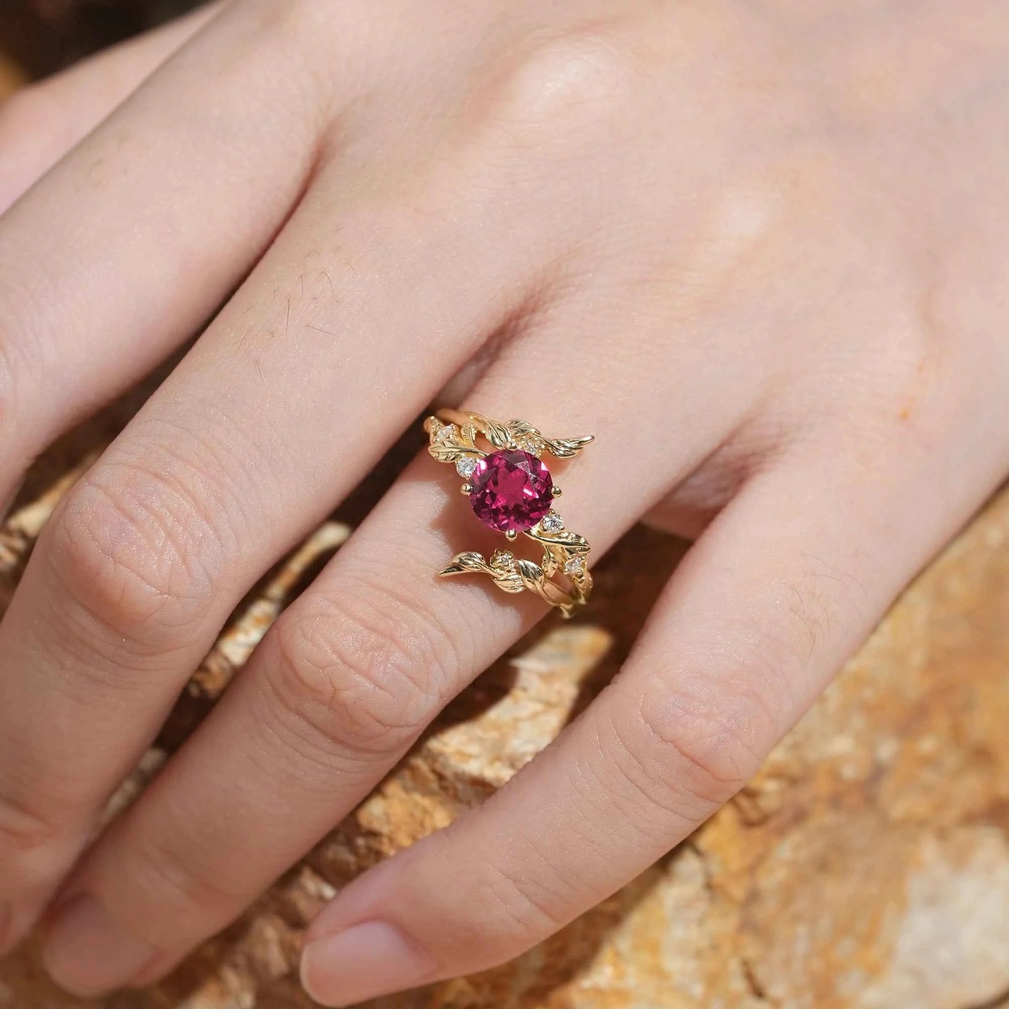 Round Ruby with Moissanite Floral Enhancer Ring Set - Nyx - GemsMagic
