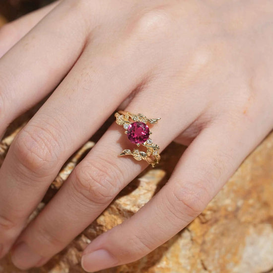 Round Ruby with Moissanite Floral Enhancer Ring Set - Nyx - GemsMagic