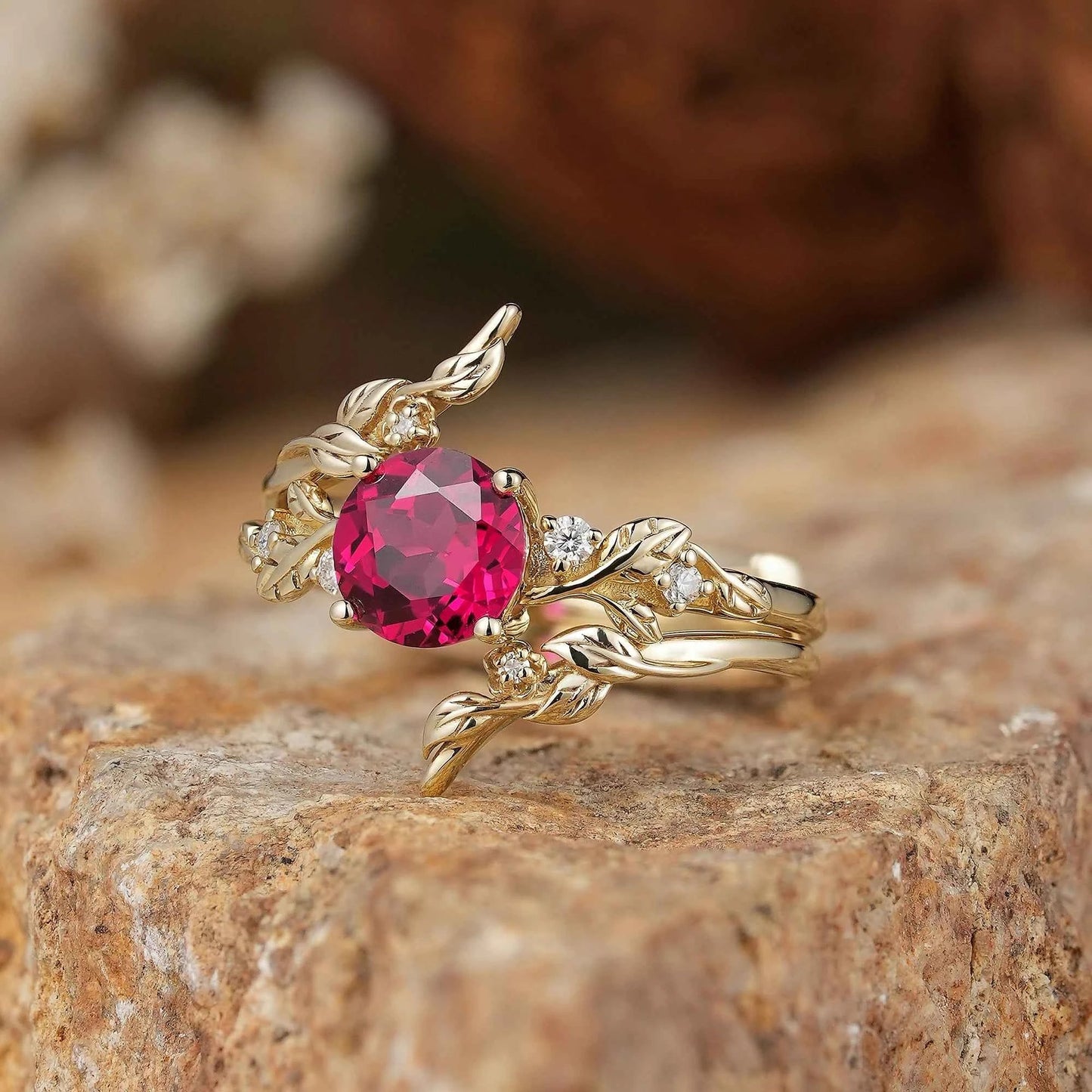 Round Ruby with Moissanite Floral Enhancer Ring Set - Nyx - GemsMagic
