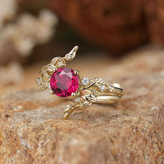 Round Ruby with Moissanite Floral Enhancer Ring Set - Nyx - GemsMagic