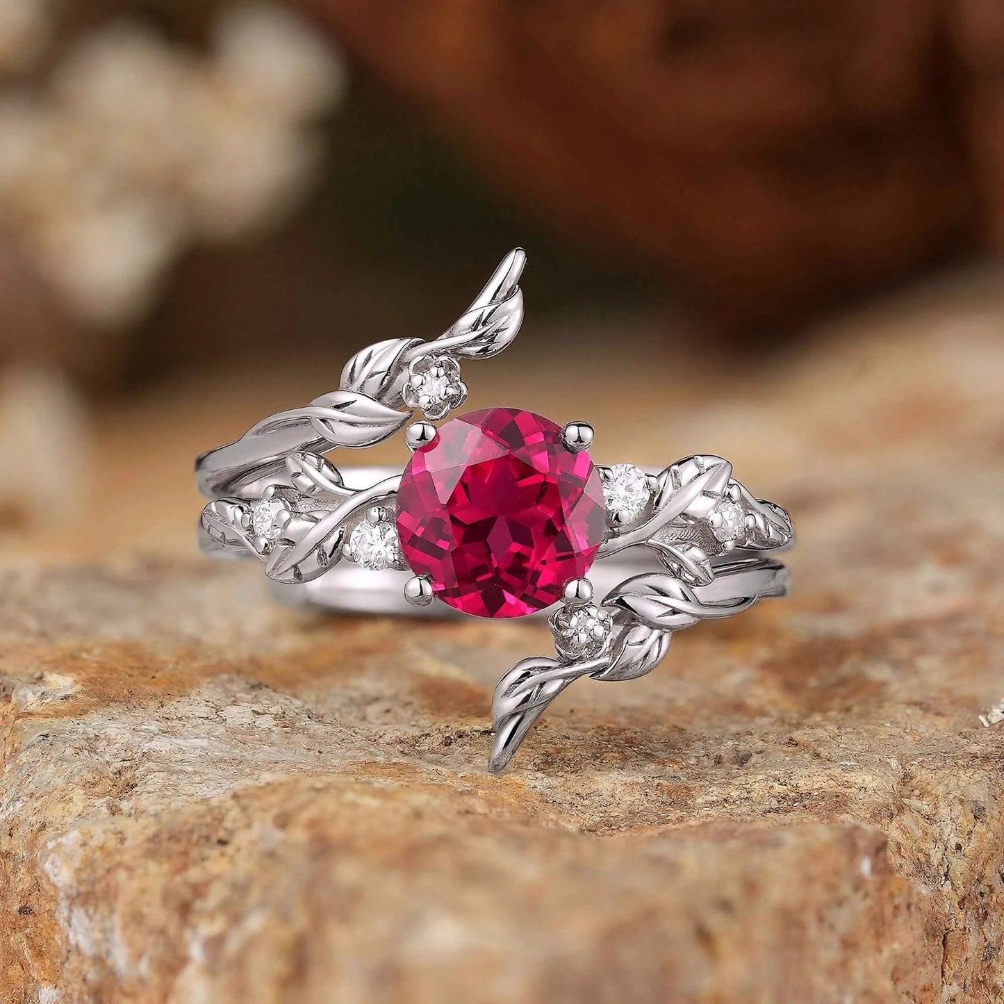 Round Ruby with Moissanite Floral Enhancer Ring Set - Nyx - GemsMagic