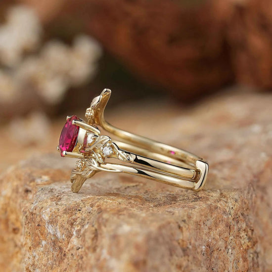 Round Ruby with Moissanite Floral Enhancer Ring Set - Nyx - GemsMagic