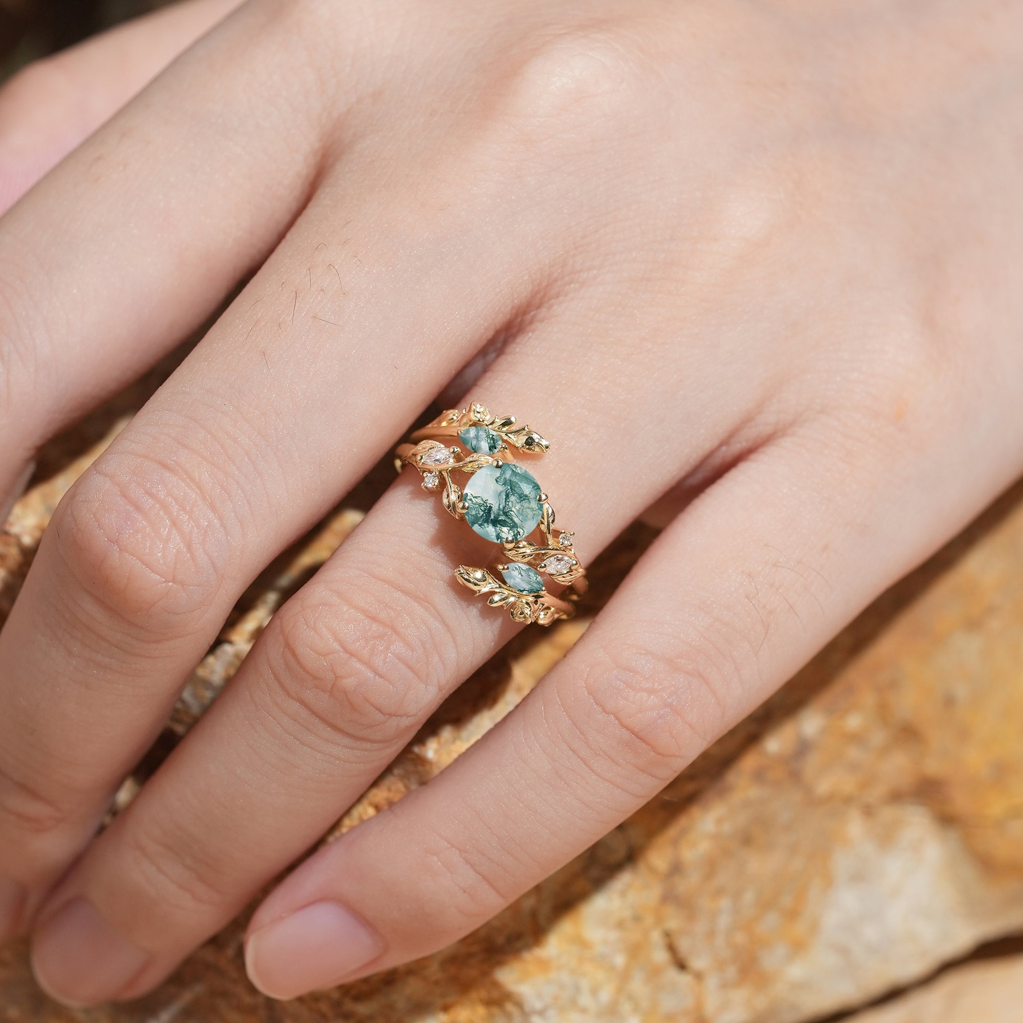 Round Shaped Moss Agate Nature Inspired Bridal Enhancer Ring Set - GemsMagic - GemsMagic