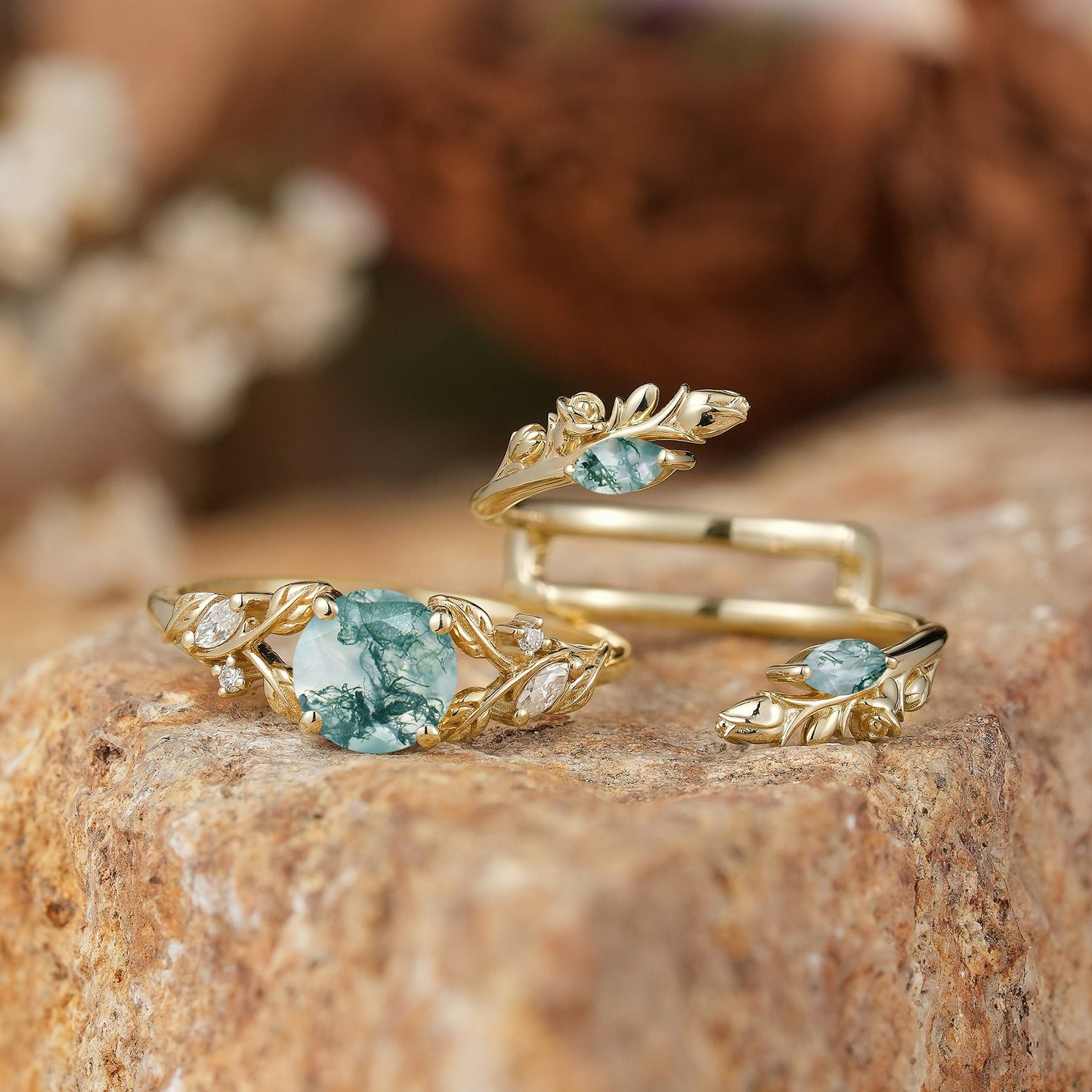 Round Shaped Moss Agate Nature Inspired Bridal Enhancer Ring Set - GemsMagic - GemsMagic