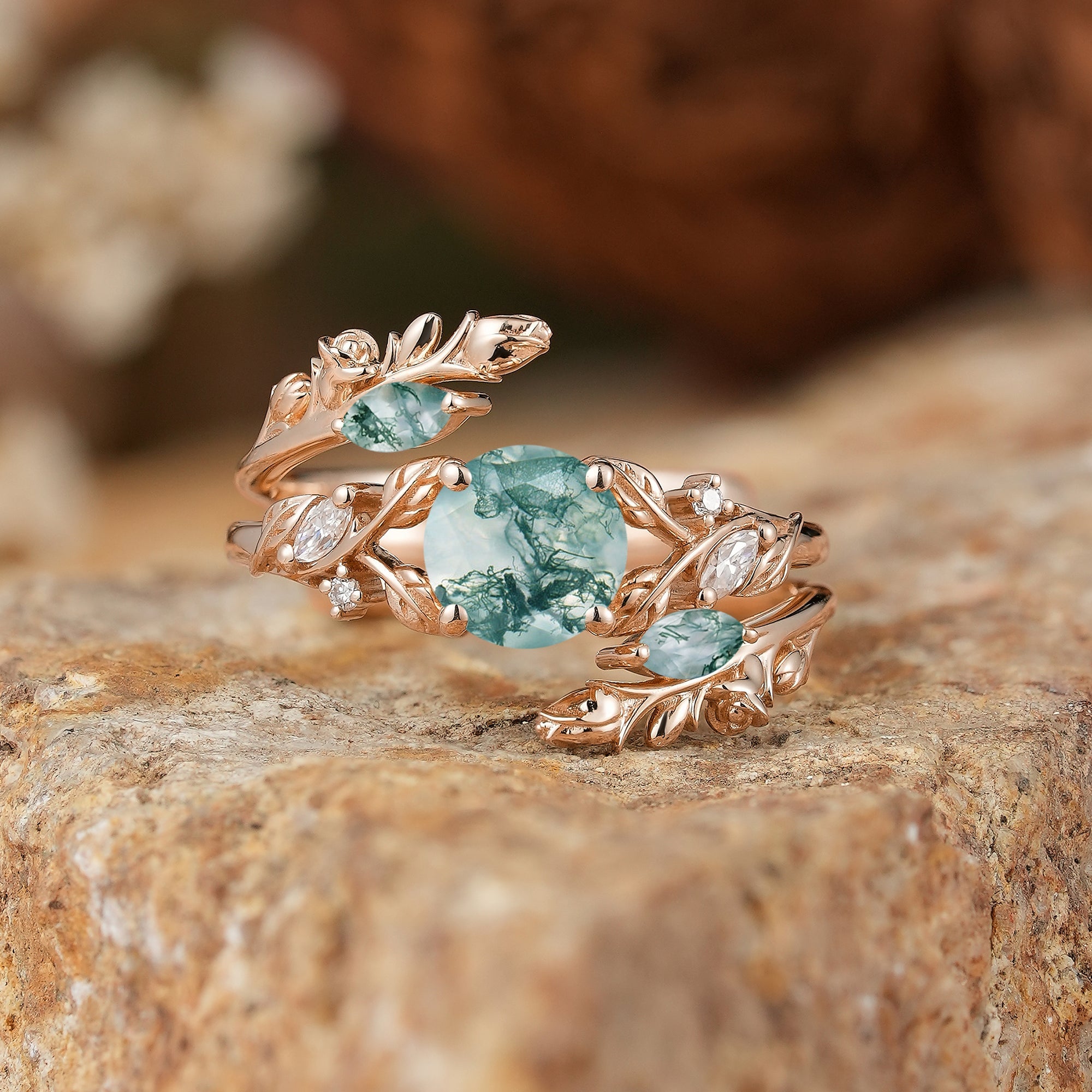 Round Shaped Moss Agate Nature Inspired Bridal Enhancer Ring Set - GemsMagic - GemsMagic