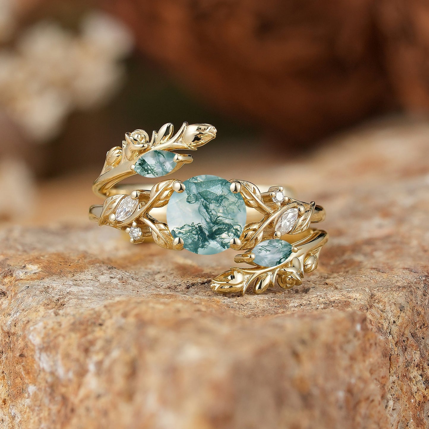 Round Shaped Moss Agate Nature Inspired Bridal Enhancer Ring Set - GemsMagic - GemsMagic