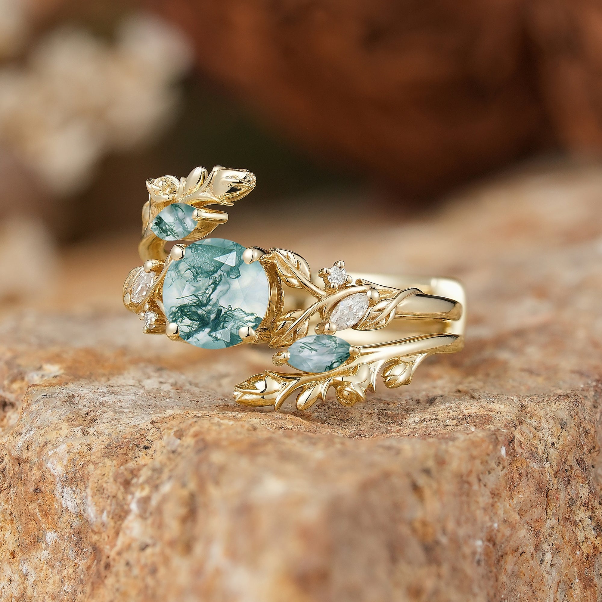Round Shaped Moss Agate Nature Inspired Bridal Enhancer Ring Set - GemsMagic - GemsMagic