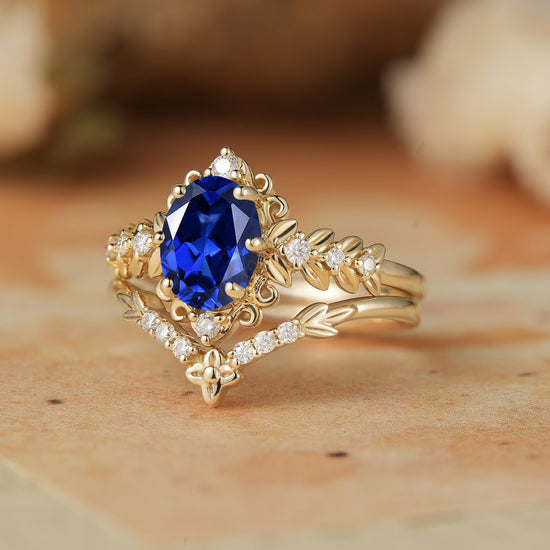 Royal Blue Sapphire Leaf Bridal Ring Set - Tamsin - GemsMagic