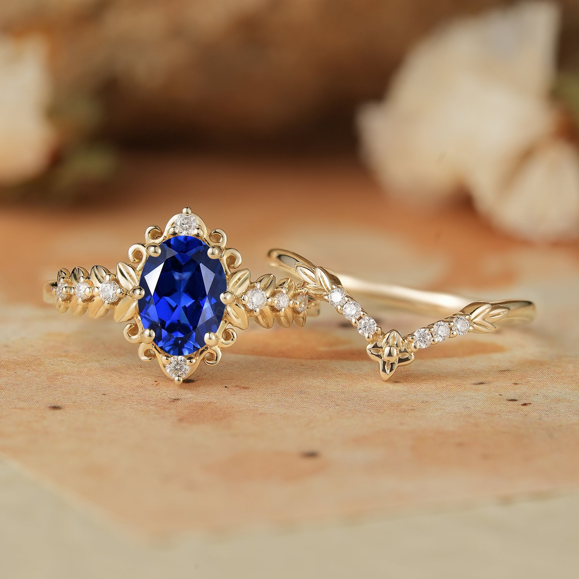 Royal Blue Sapphire Leaf Bridal Ring Set - Tamsin - GemsMagic