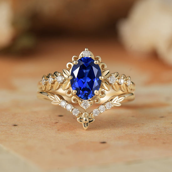 Royal Blue Sapphire Leaf Bridal Ring Set - Tamsin - GemsMagic