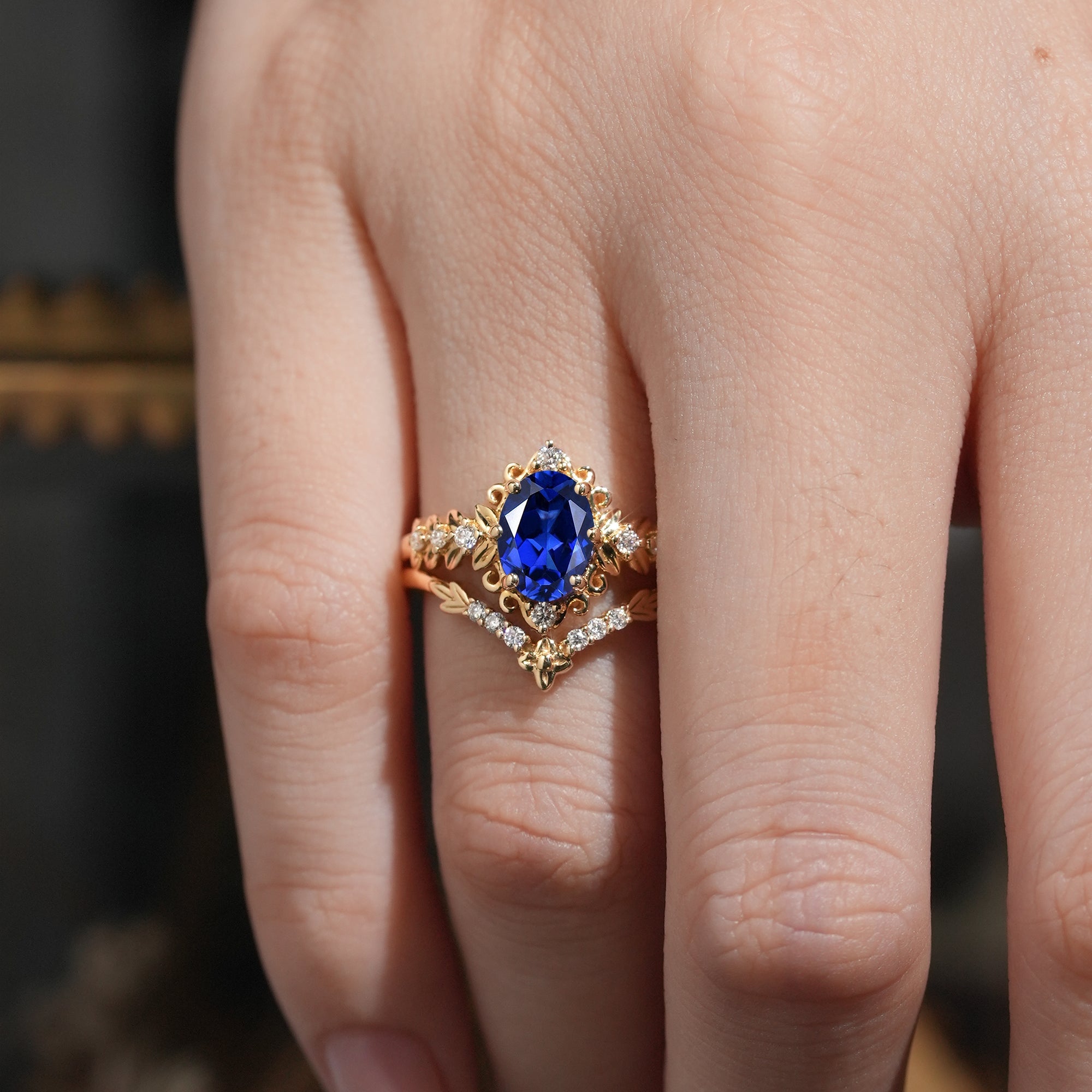 Royal Blue Sapphire Leaf Bridal Ring Set - Tamsin - GemsMagic