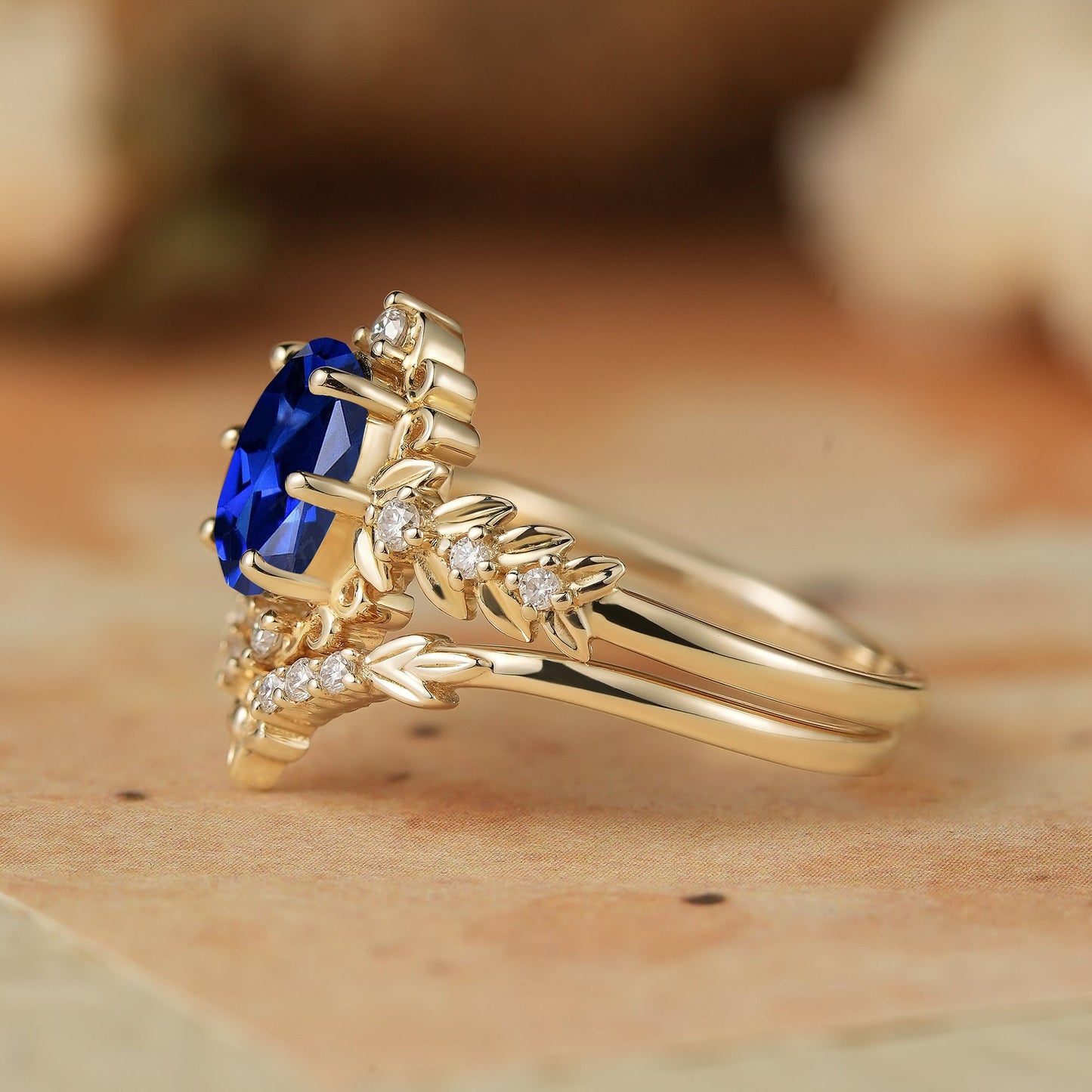 Royal Blue Sapphire Leaf Bridal Ring Set - Tamsin - GemsMagic