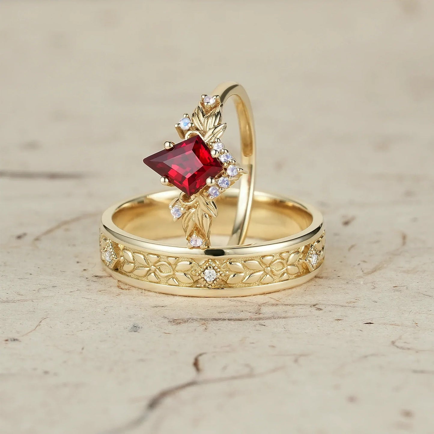 Ruby and Moissanite Leaf Couple Rings - Eternal Bond - GemsMagic