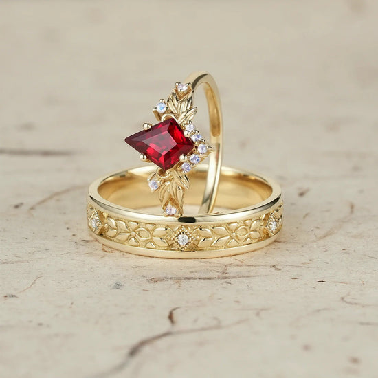 Ruby and Moissanite Leaf Couple Rings - Eternal Bond - GemsMagic