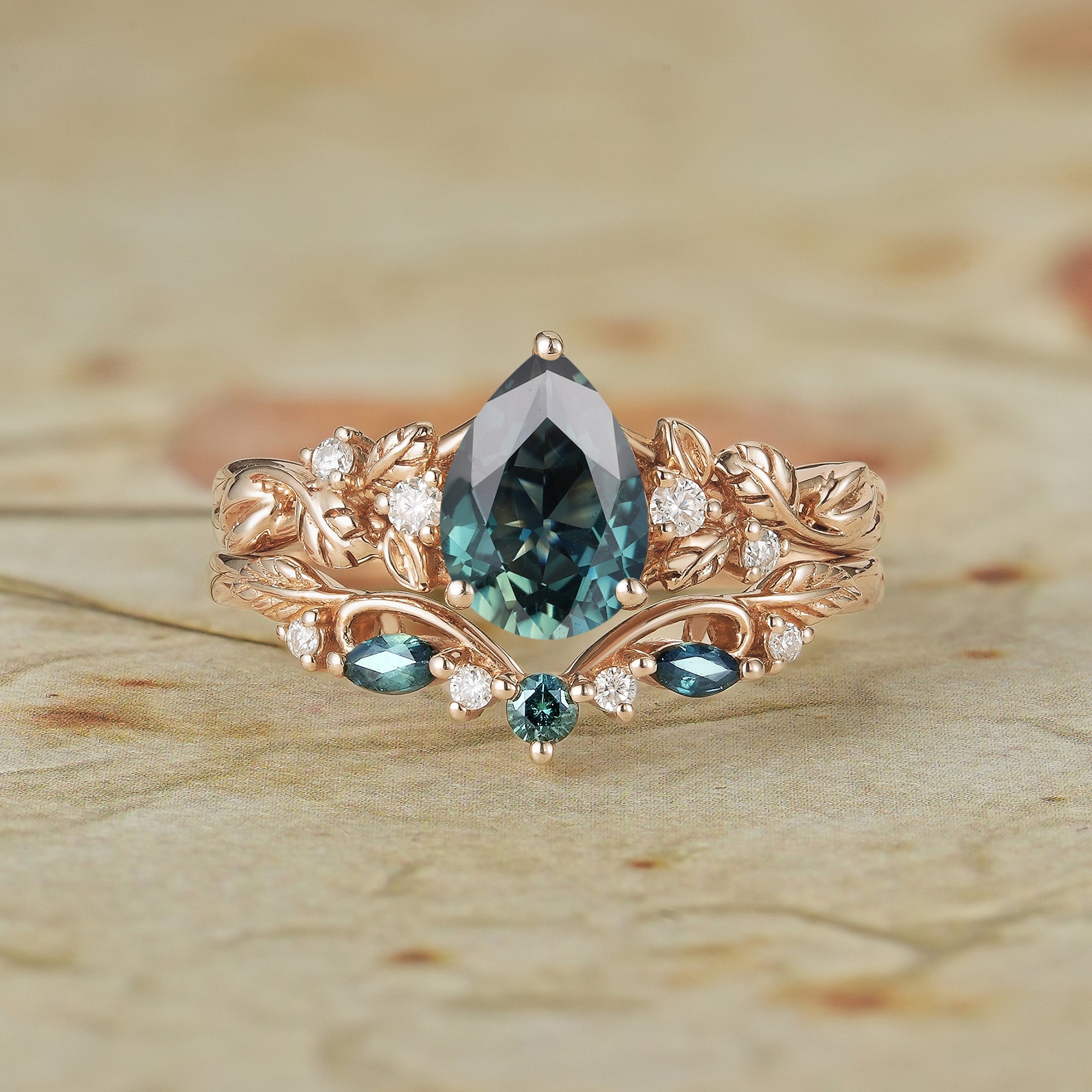 Signature Pear Vintage Teal Sapphire Engagement Ring Set 2pcs - Octavia - GemsMagic