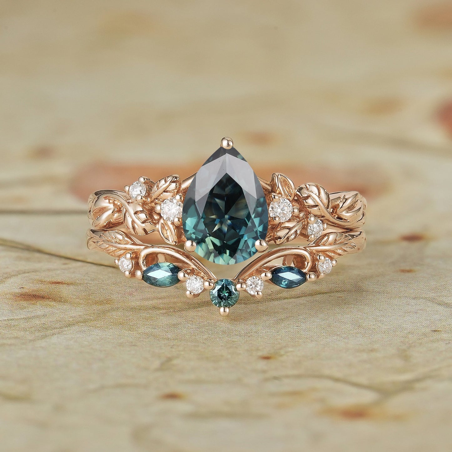 Signature Pear Vintage Teal Sapphire Engagement Ring Set 2pcs - Octavia - GemsMagic