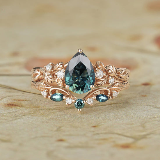Signature Pear Vintage Teal Sapphire Engagement Ring Set 2pcs - Octavia - GemsMagic