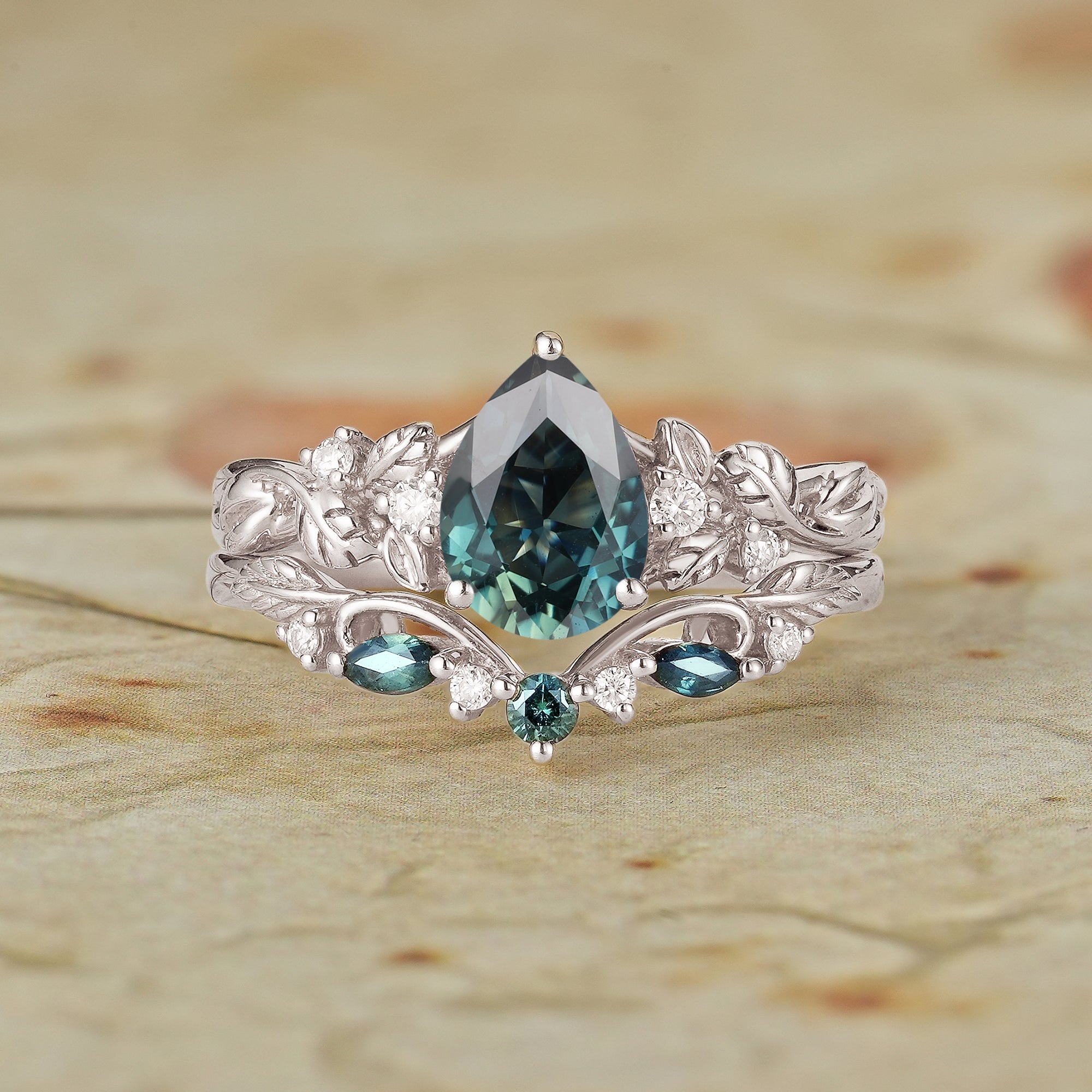 Signature Pear Vintage Teal Sapphire Engagement Ring Set 2pcs - Octavia - GemsMagic
