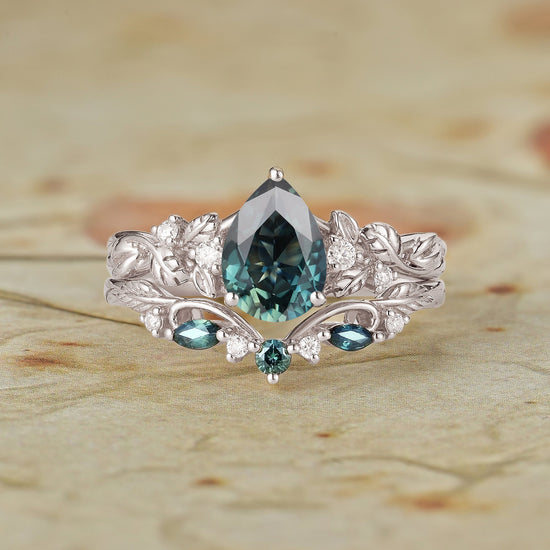 Signature Pear Vintage Teal Sapphire Engagement Ring Set 2pcs - Octavia - GemsMagic