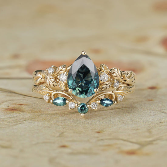 Signature Pear Vintage Teal Sapphire Engagement Ring Set 2pcs - Octavia - GemsMagic