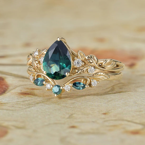 Signature Pear Vintage Teal Sapphire Engagement Ring Set 2pcs - Octavia - GemsMagic