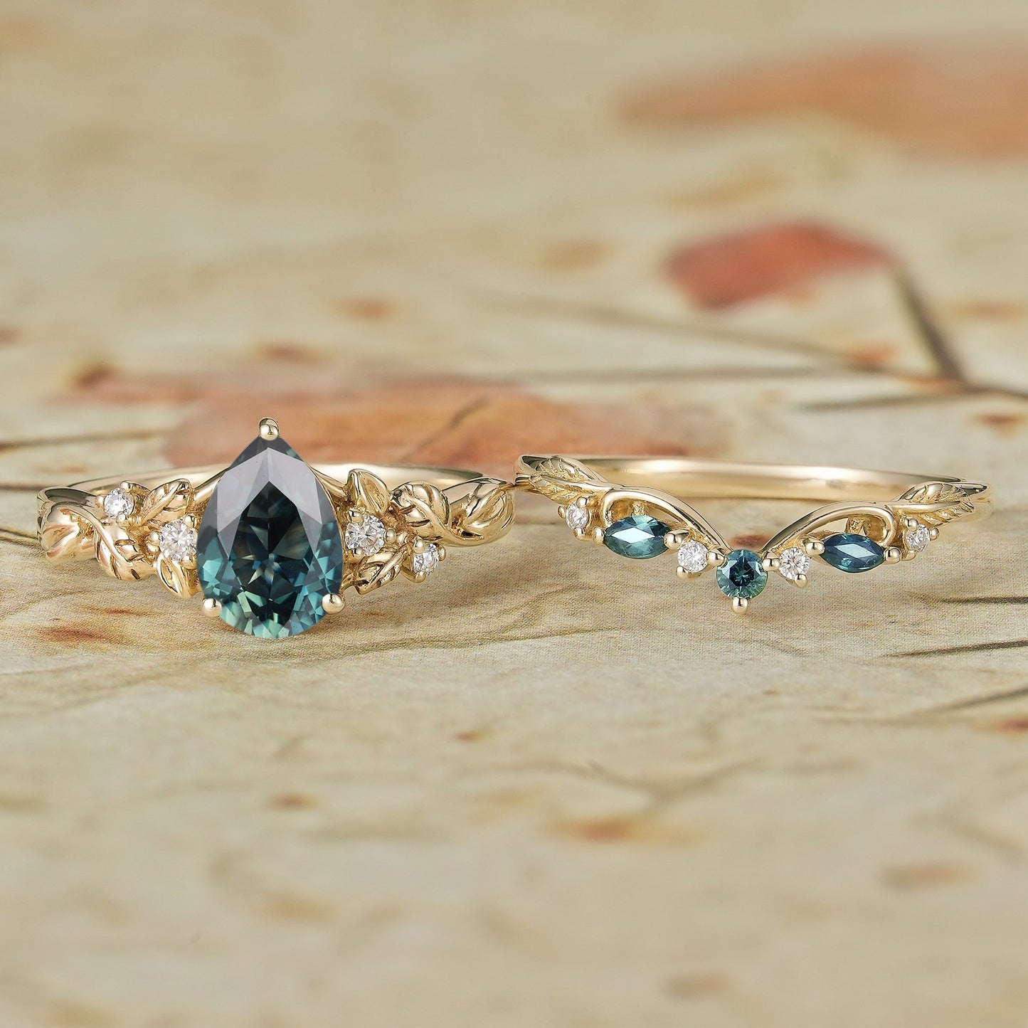 Signature Pear Vintage Teal Sapphire Engagement Ring Set 2pcs - Octavia - GemsMagic