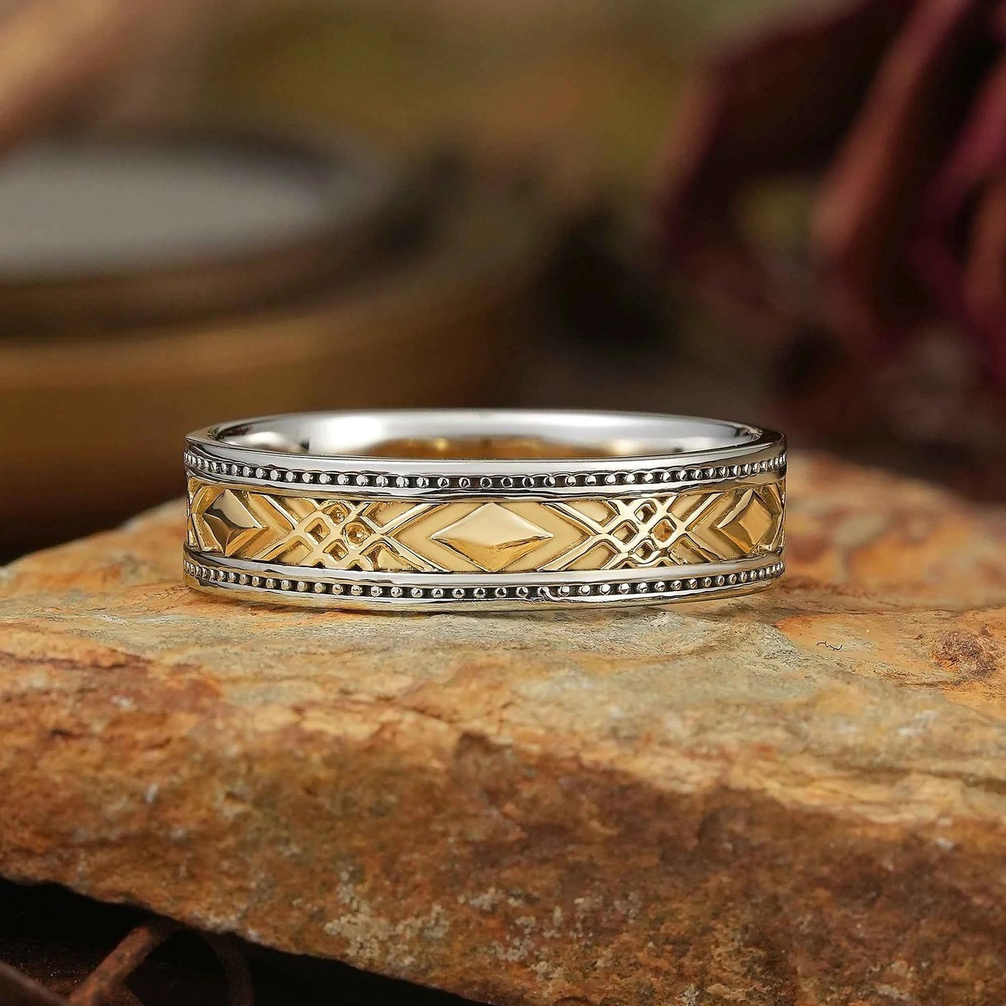 Solid Gold Mixed Metal Milgrain Unique Men's Ring - Benedict - GemsMagic