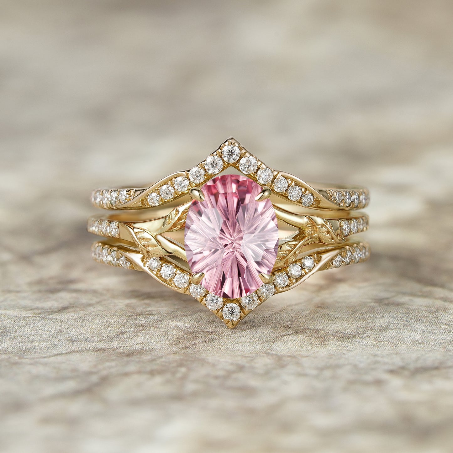 2pcs Starbrite-cut Padparadscha Enhancer Ring Set