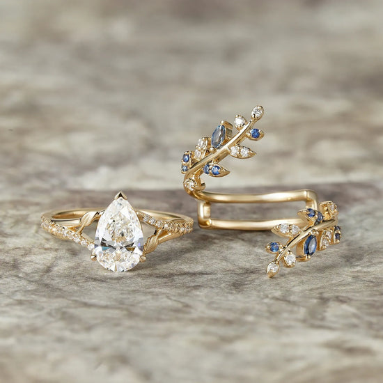 Pear Cut Moissanite and Sapphire Ring Set 