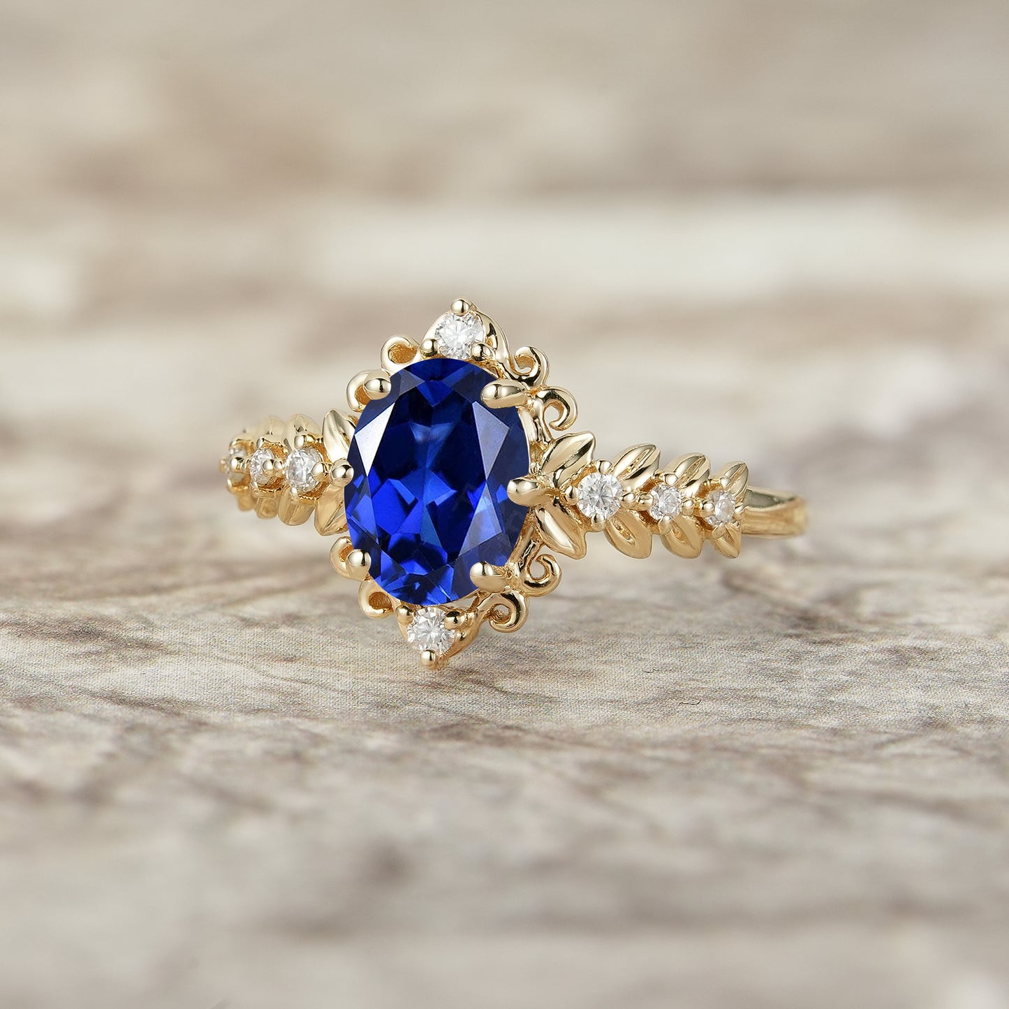 Elegant Royal Blue Sapphire Filigree Leaf Engagement Ring - Odette