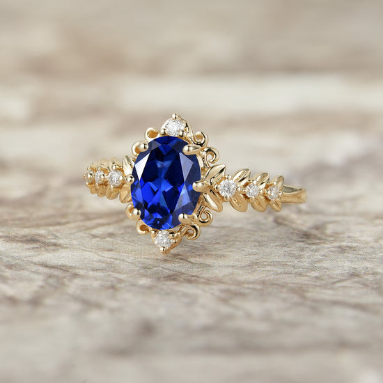 Elegant Royal Blue Sapphire Filigree Leaf Engagement Ring - Odette