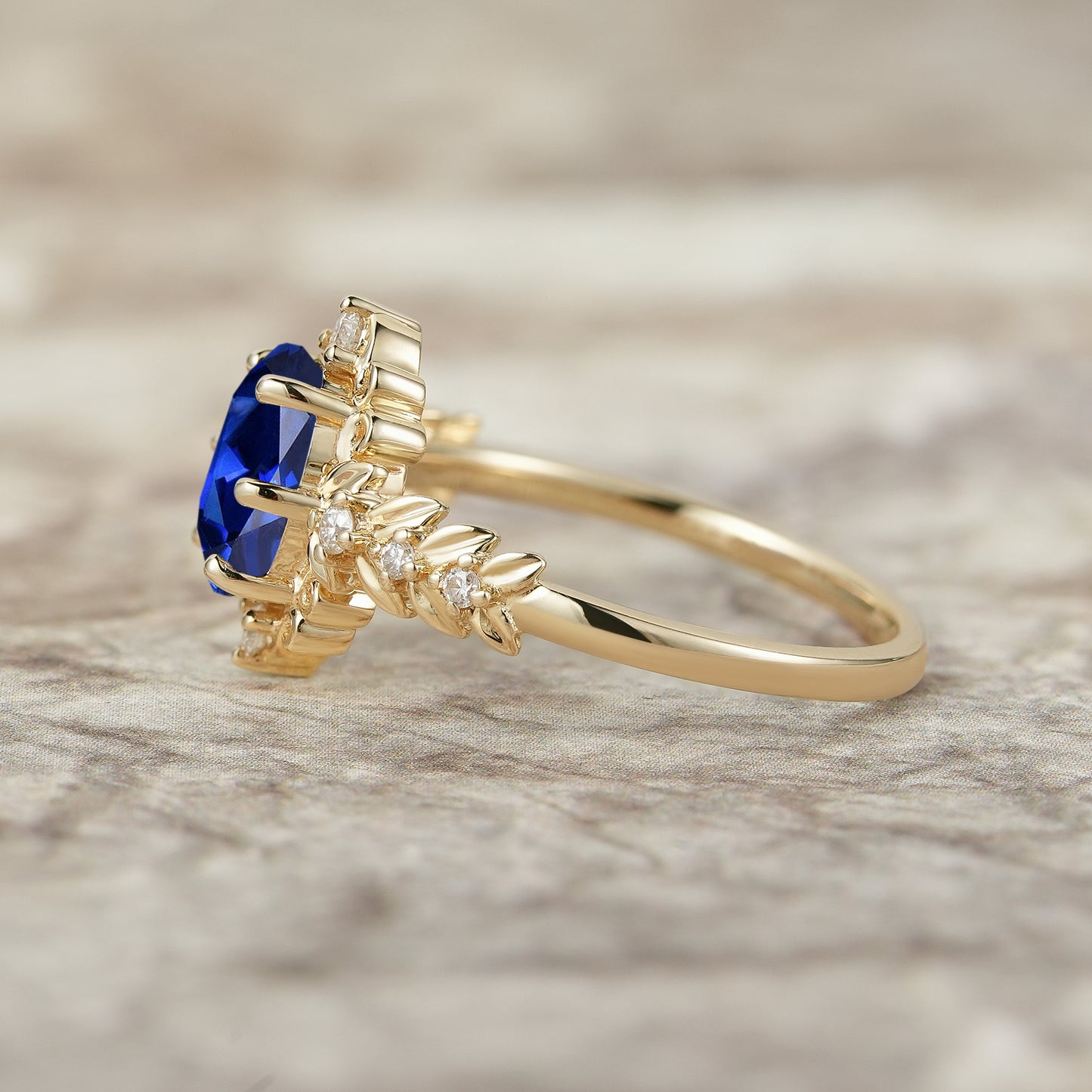 Elegant Royal Blue Sapphire Filigree Leaf Engagement Ring - Odette