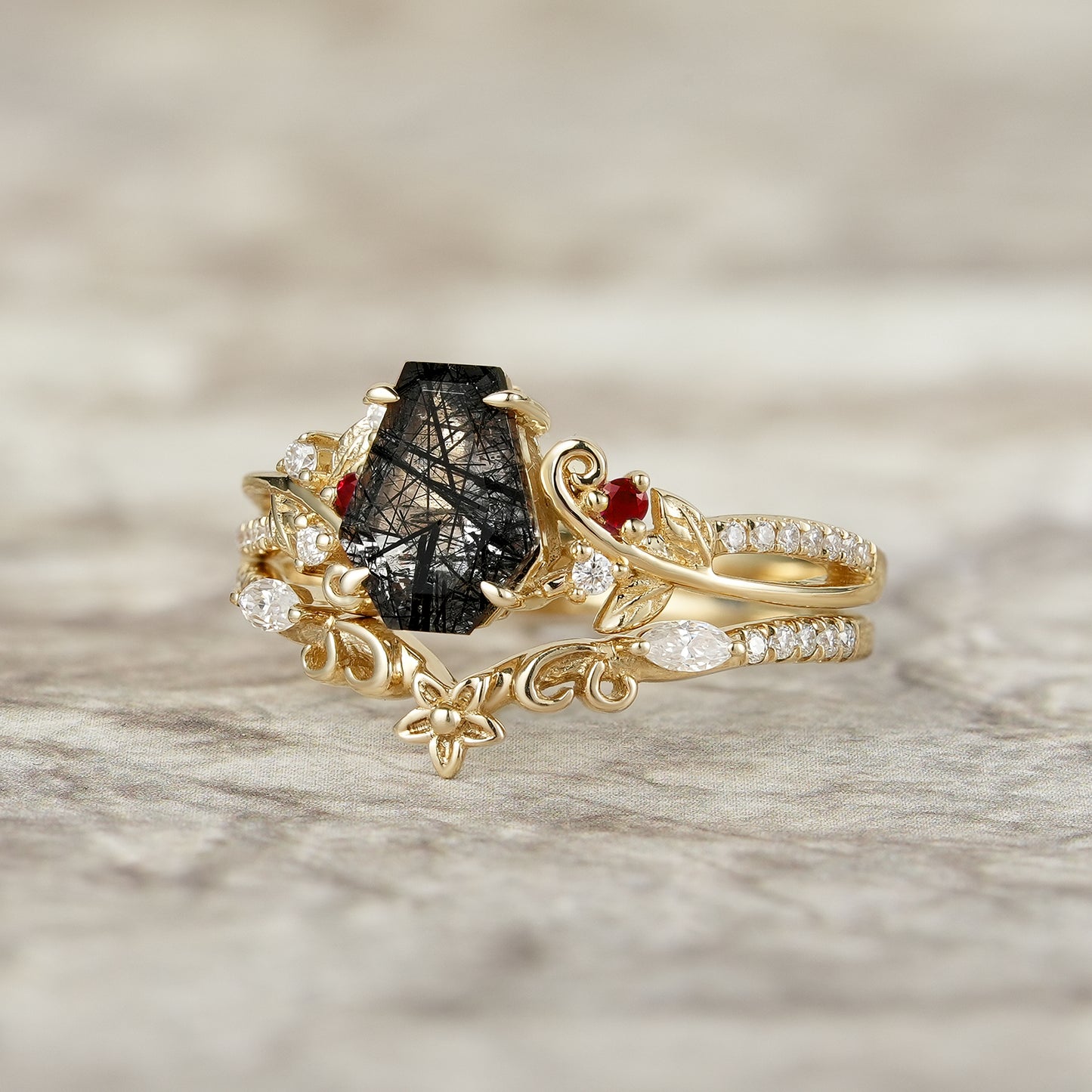 Leaf-Inspired Black Rutilated Quartz Bridal Set-Lio