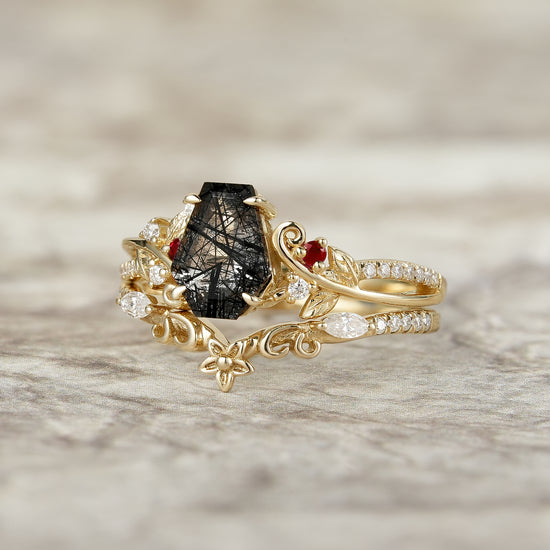 Leaf-Inspired Black Rutilated Quartz Bridal Set-Lio