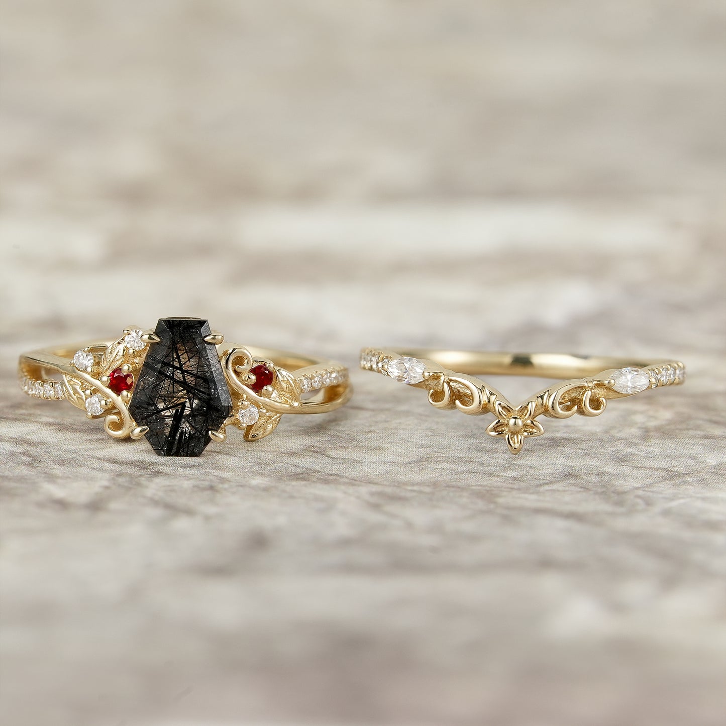 Leaf-Inspired Black Rutilated Quartz Bridal Set-Lio