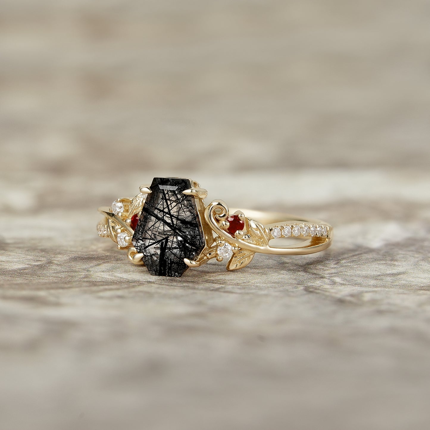 Coffin Cut Black Rutilated Quartz Leaf Ring-Sylvie