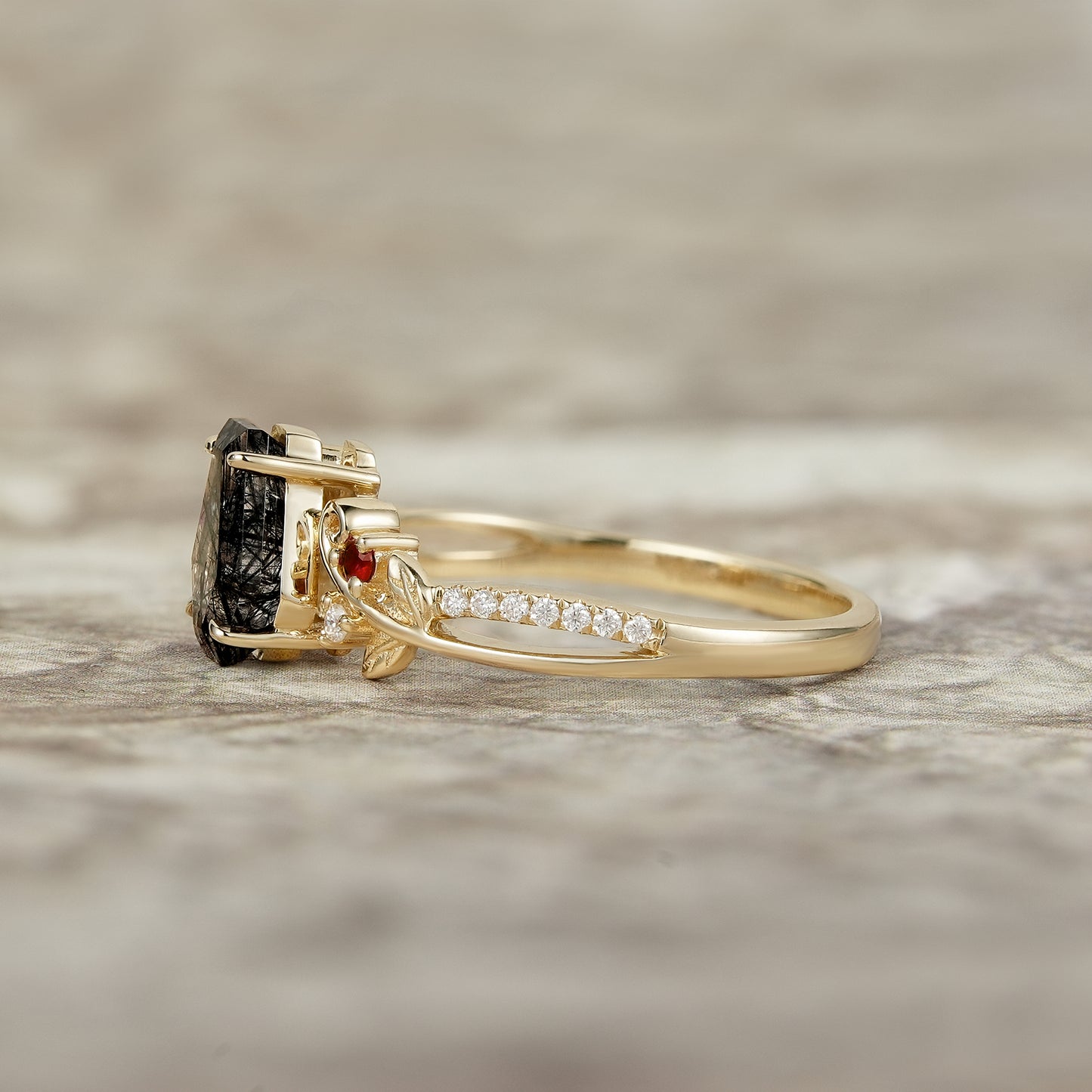 Coffin Cut Black Rutilated Quartz Leaf Ring-Sylvie
