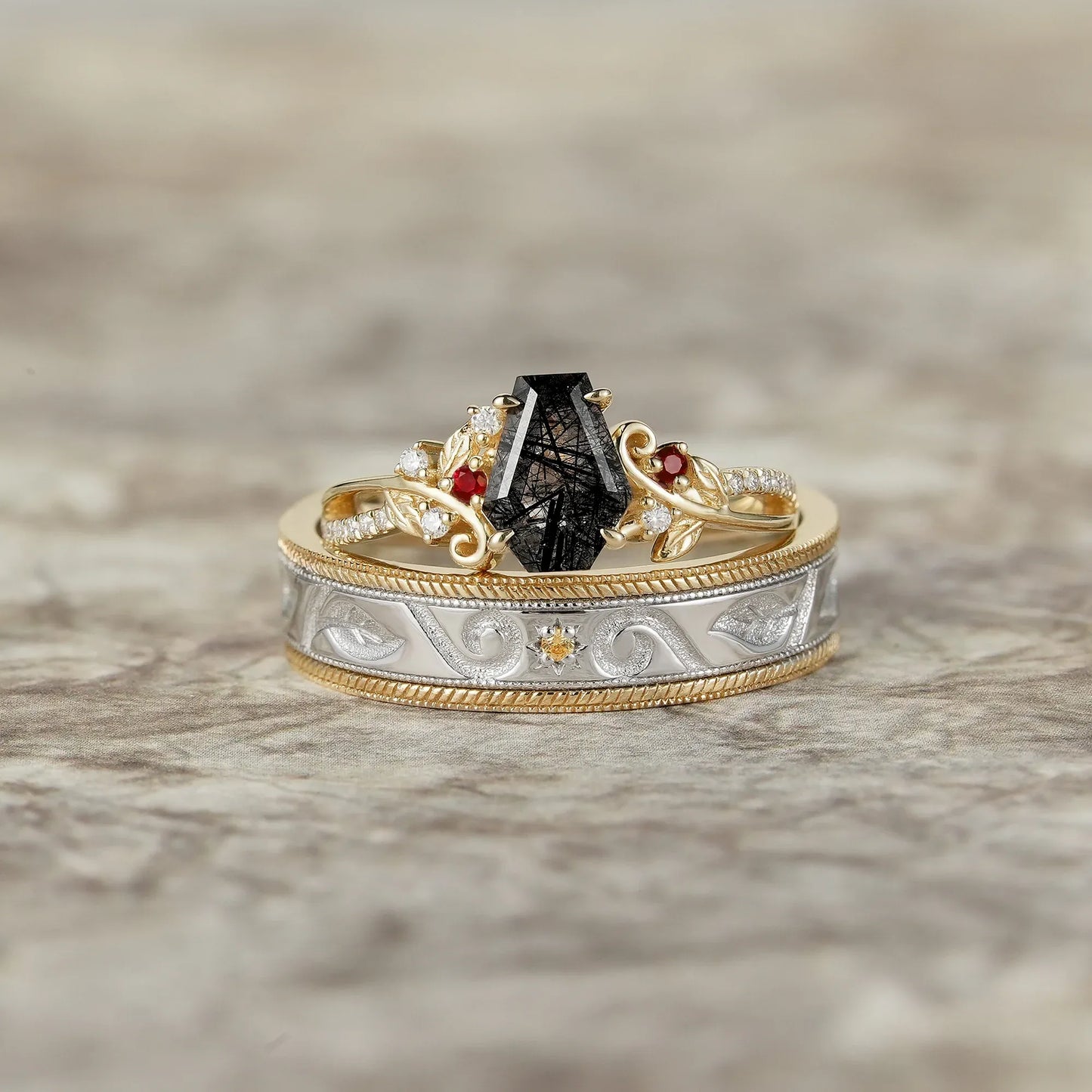 Black Rutilated Quartz Couple Ring Set