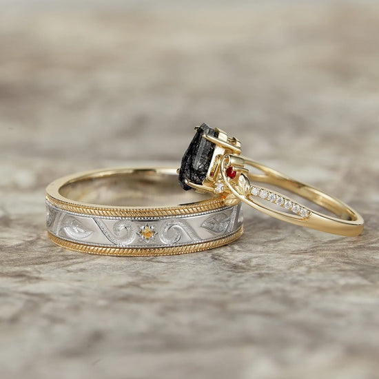 Black Rutilated Quartz Couple Ring Set