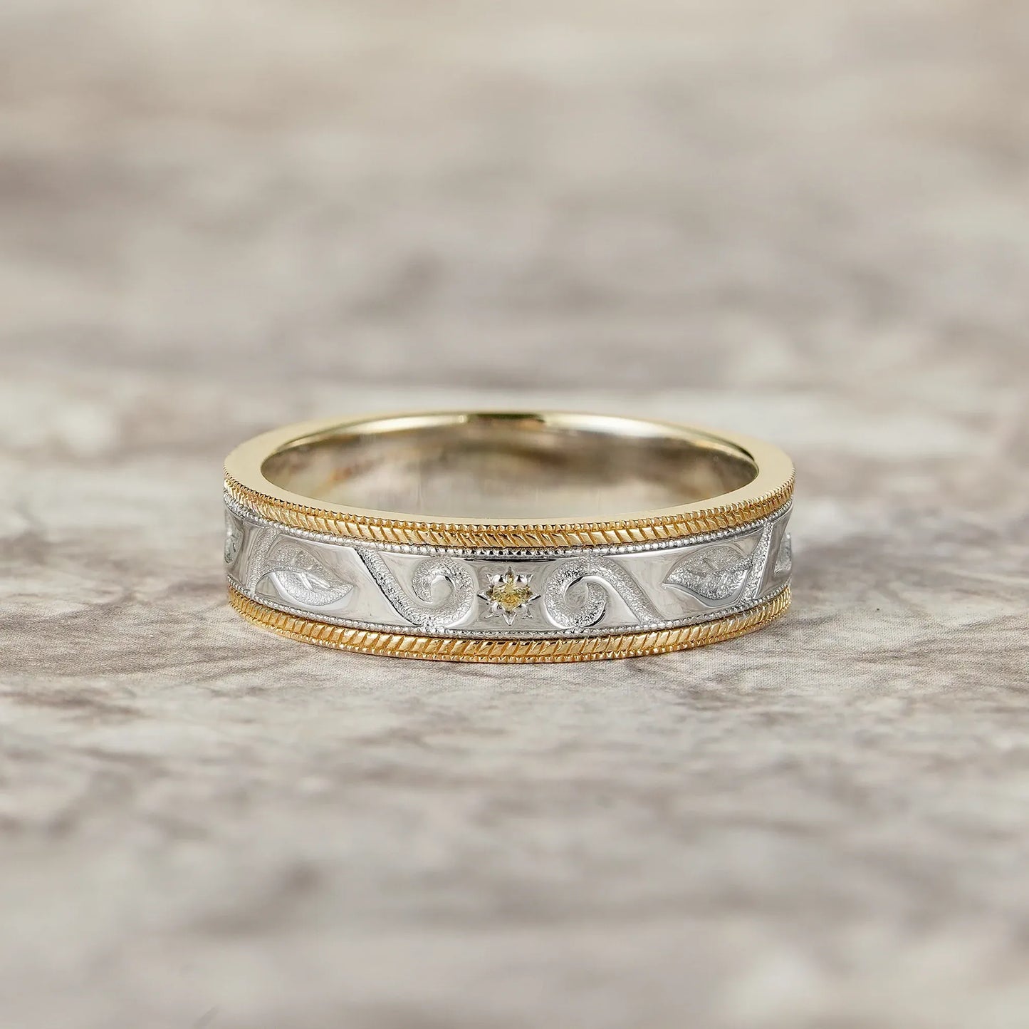 Two-Tone Scroll Design Yellow Sapphire Wedding Band