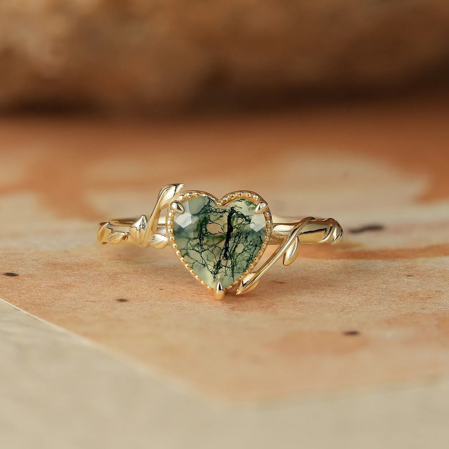 Heart Moss Agate Leaf Engagement Ring