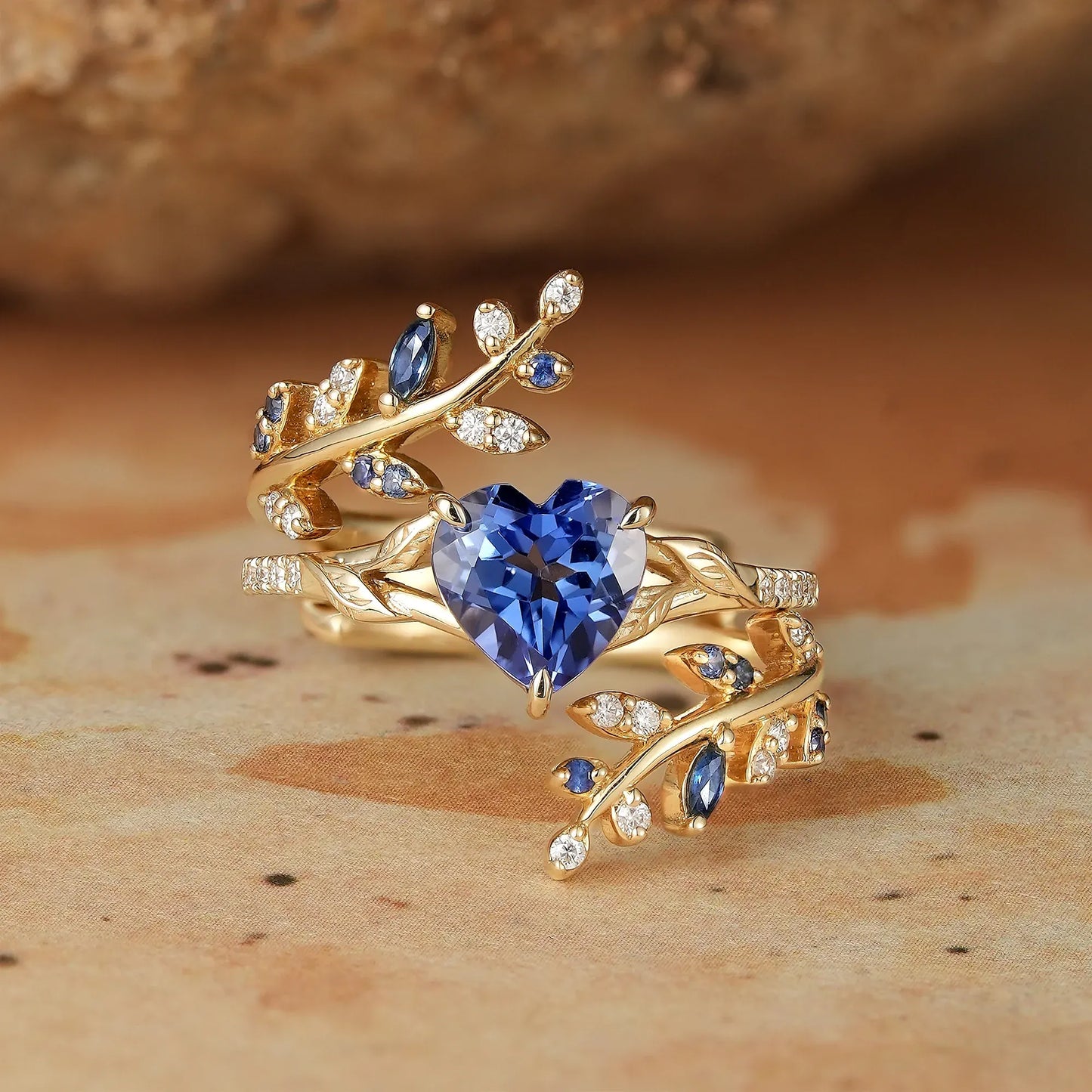 Heart Shaped Sapphire Engagement Ring Set