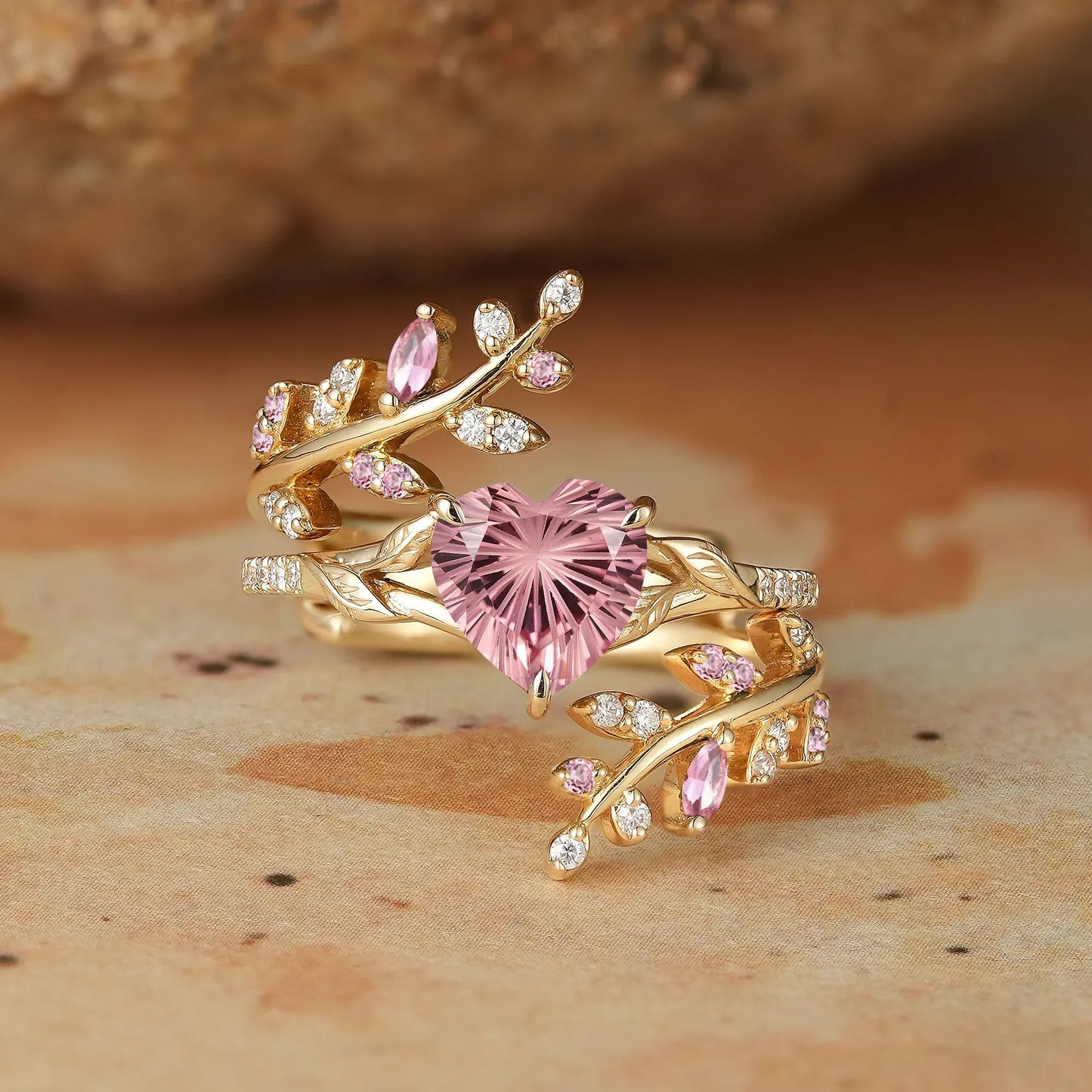 Heart Shaped Sparkle Cut Padparadscha Engagement Ring Set