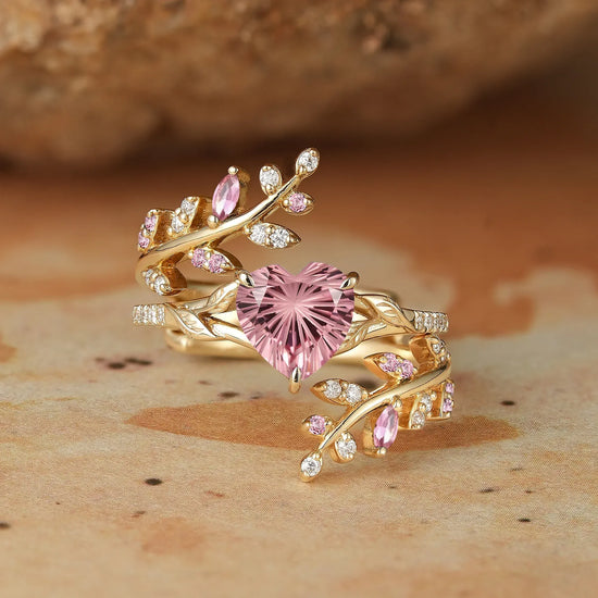 Heart Shaped Sparkle Cut Padparadscha Engagement Ring Set